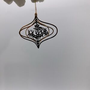 Christmas Fancy Collectible Vtg. Gold Brass Plated 3D Santa Reindeers Ornament